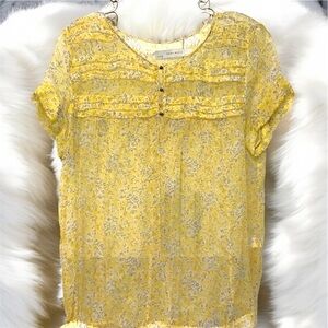 ZARA 100% Silk Chiffon Yellow Floral Top L